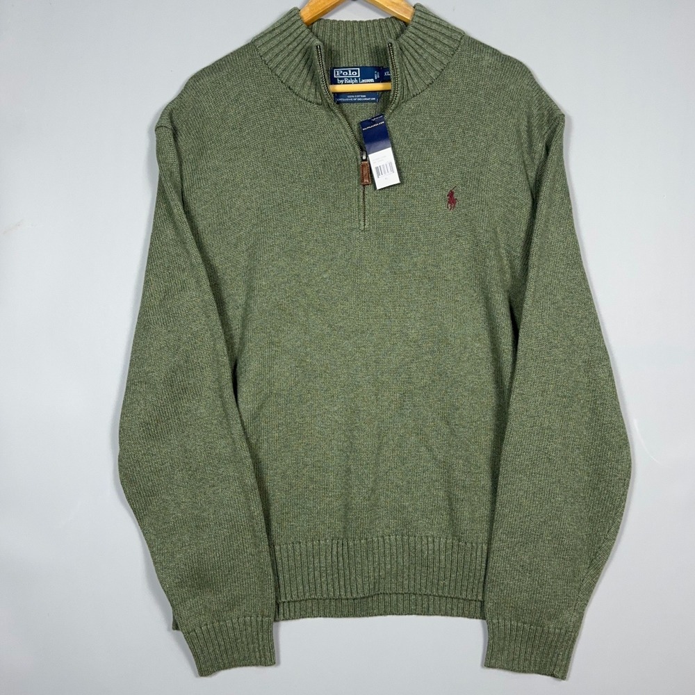 NWT Polo Ralph Lauren Quarter Zip‎ Sweater Mens XL Cotton Green Olive Military